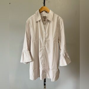 Chico’s.. MARIN CO. STRIPE RUFFLE SLV BUTTON FRONT 3/4 SLV FASHION MOCHA LATTE